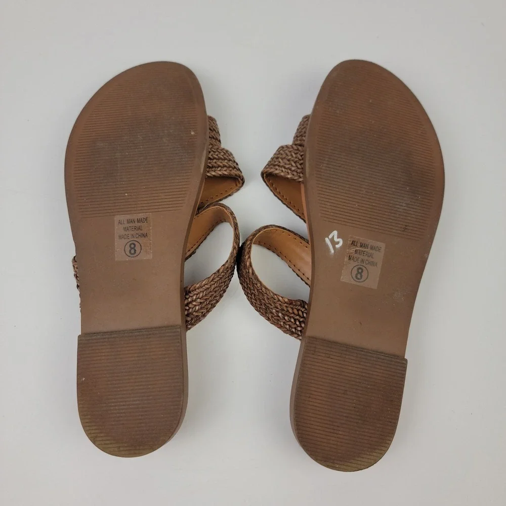 Soda Womens Woven Three Strap Slide Sandals Tan Size 8 Flat Summer Shoes